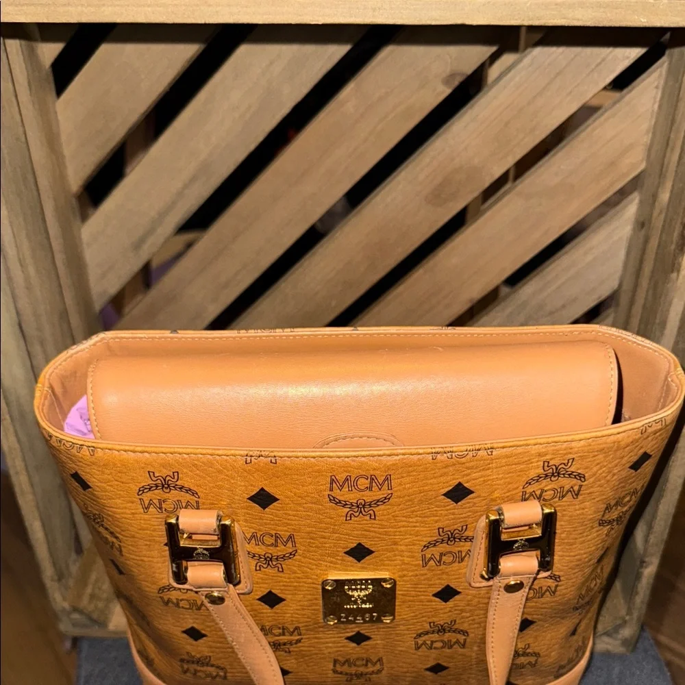 MCM Mini Cognac Leather Tote with Logo Pattern - Picture 8 of 16